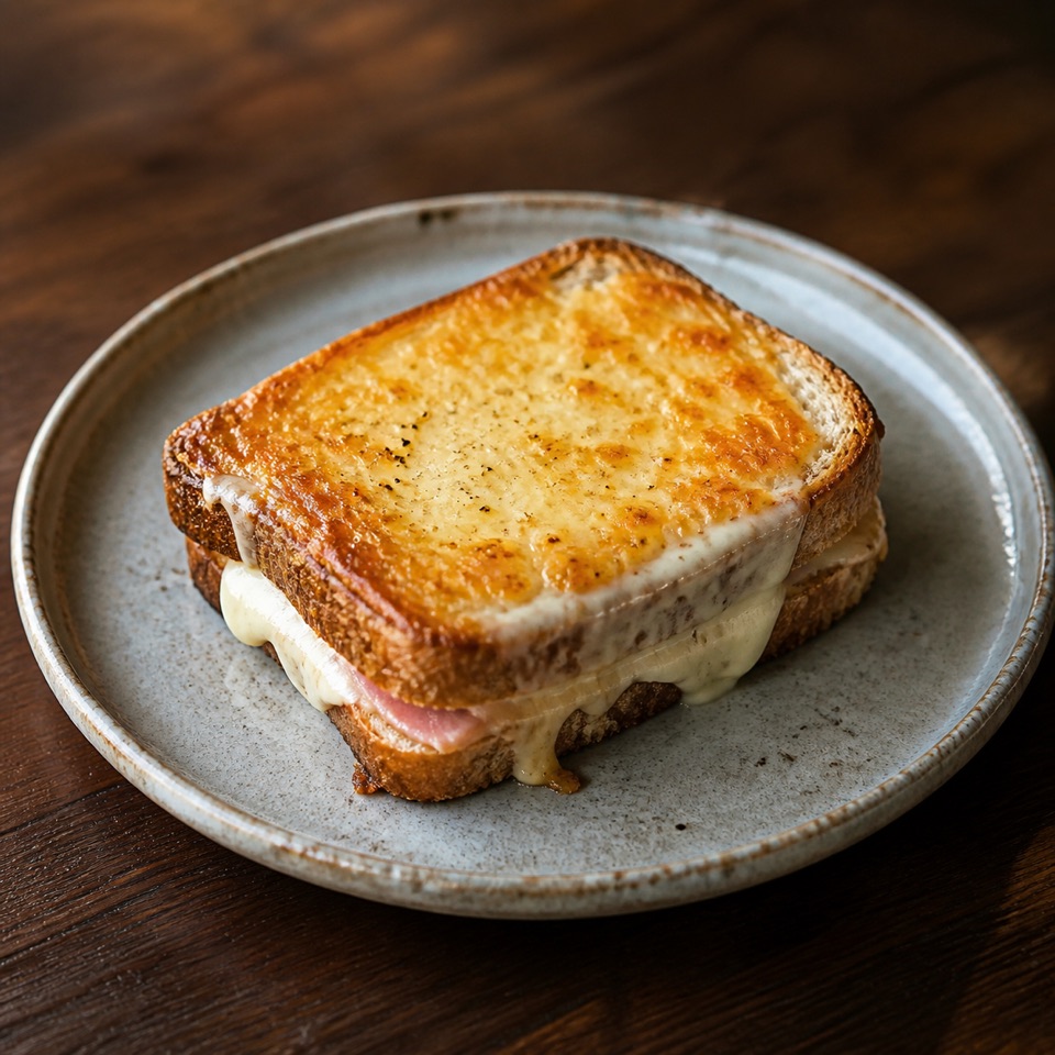 ハムとチーズを挟んだ、こんがり焼いたトーストサンド